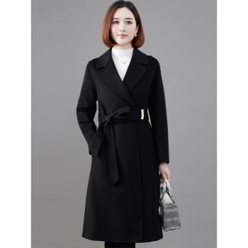 雙面羊絨大衣女中長款中老年新款媽媽毛呢外套系帶羊毛秋冬裝呢子