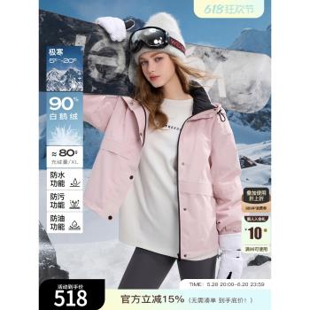 三彩2024冬季新款極寒白鵝絨沖鋒衣連帽工裝滑雪羽絨服麵包服女M