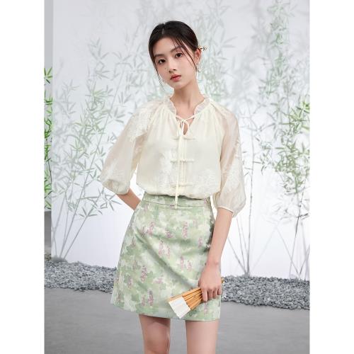 三彩【花葉朝云】2024夏季新款新中式襯衫天絲上衣V領小衫白色女