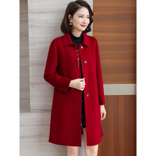 酒紅色雙面羊絨大衣女中長款2023新款高端修身小個子秋冬毛呢外套