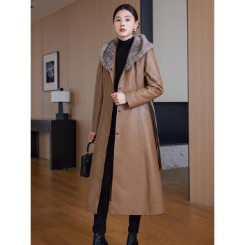 高階真皮羽絨服女中長款水貂毛連帽2024新款收腰顯瘦綿羊皮風衣女