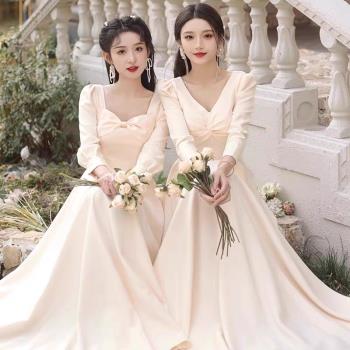 伴娘服秋冬季長袖香檳色小眾姐妹團晚禮服裙女氣質高階感平時可穿