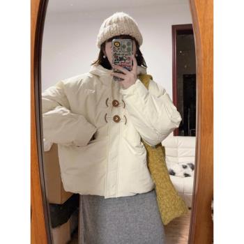 白色短款連帽棉服女2024新款冬季棉衣棉襖爆款潮保暖外套韓系加厚