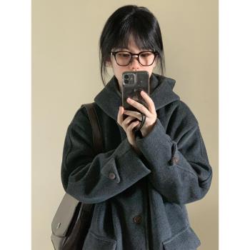 灰色連帽呢子大衣女2024秋冬新款毛呢外套小個子韓系中長款赫本風