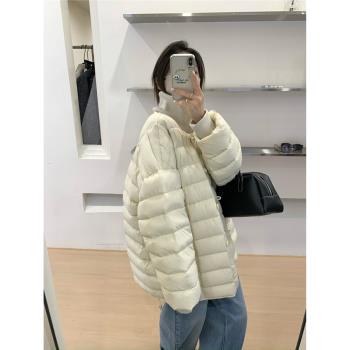韓系針織拼接立領白鴨絨羽絨服外套女2024冬新款寬松輕柔保暖外套