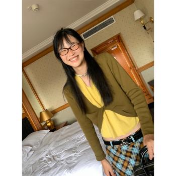 MOWENTI文文婷 2024秋復古設計感假兩件針織開衫扭結設計掛脖上衣