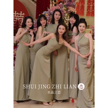 綠色伴娘服2024新款平時可穿高階感姐妹團閨蜜裙小眾晚禮服緞面秋