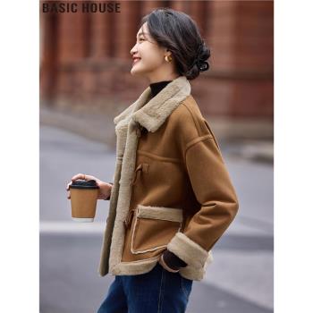 Basic House/百家好都市老錢風翻領夾克外套女士冬季加厚保暖上衣
