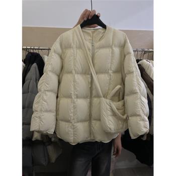 韓國白鴨絨無領羽絨服2024冬季新款小眾小個子高階感麵包拉鏈外套