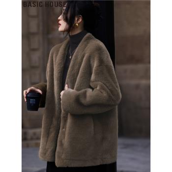 Basic House/百家好復古咖色環保皮草女冬季皮毛一體加厚毛毛外套