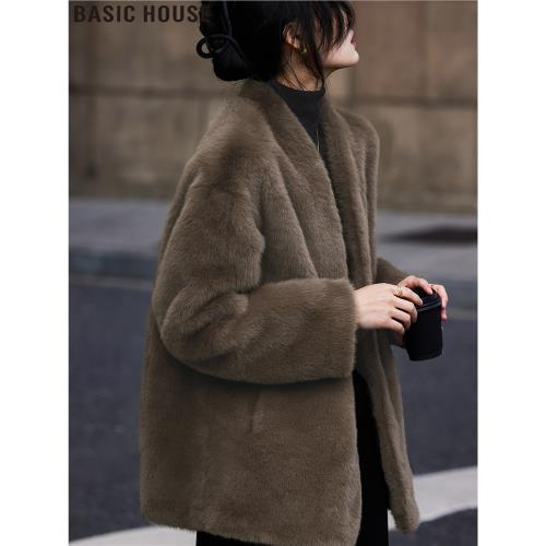 Basic House/百家好美拉德咖色環保皮草大衣女士冬季皮毛一體外套