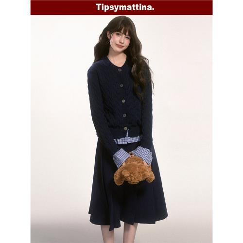 Tipsymattina微醺清晨百搭設計感藏青色假兩件長袖開衫毛衣女