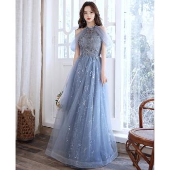 晚禮服女2024新款優雅氣質名媛長款主持人法式宴會藍色長款連衣裙