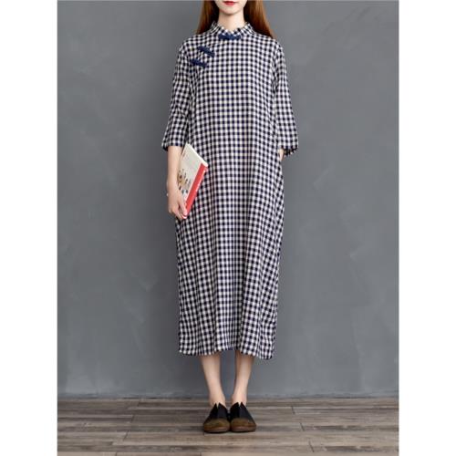 民國風復古盤扣棉麻格子連衣裙女中式立領斜襟改良旗袍文藝袍子夏