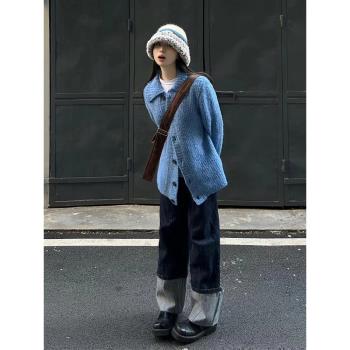 美式慵懶風藍色毛衣外套女春季寬松軟糯針織開衫加厚外穿翻領上衣