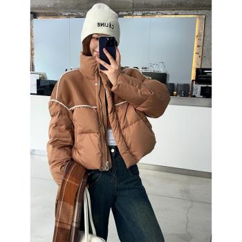 小眾設計感皮毛拼接短款羽絨服女90白鴨絨加厚寬松韓版立領外套冬