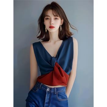 撞色設計感紐結緞面吊帶背心女獨特超好看無袖上衣2025新爆款夏季