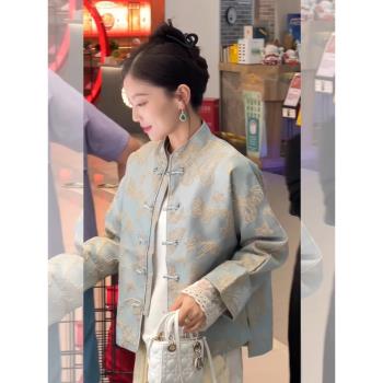 2025新款新中式國風女裝年輕款唐裝小個子短款藍色盤扣外套女春秋
