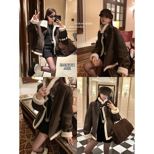 EKOOL衣庫 環保皮草皮毛一體外套女2024新款冬季機車服立領皮外套