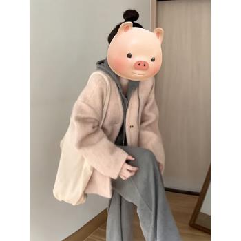 2025新款韓系粉色毛呢加厚外套女秋冬季小個子香風超好看短款大衣