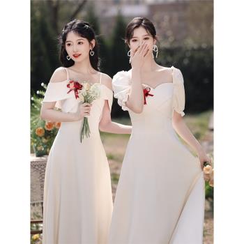 伴娘服禮服2024新款秋季高階小眾緞面姐妹團畢業香檳色晚禮服裙女