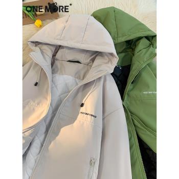 one more棉服女秋冬2025新款小個子戶外防潑水工裝連帽棉衣外套S