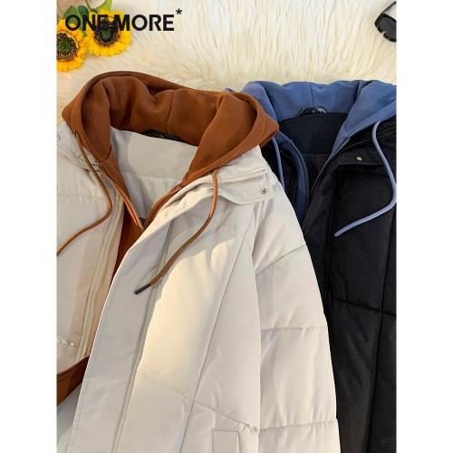 one more假兩件棉服女冬季2025新款休閑加厚保暖外套連帽棉襖S