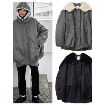 clane新款秋冬羊羔毛大翻領拉鏈連帽款復古棉服廓形飛行員外套