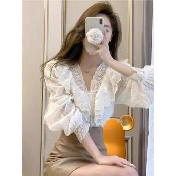 2025年高檔女裝時尚新款春季高階感設計小眾蕾絲荷葉邊泡泡袖襯衣