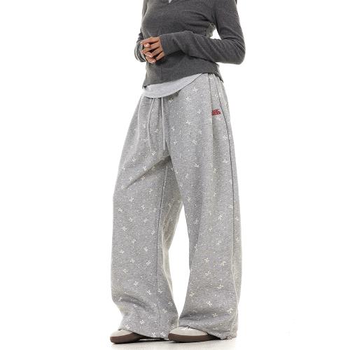 美式灰色衛褲高街印花松緊腰休閑長褲女春季百搭寬松刺繡抽繩直筒