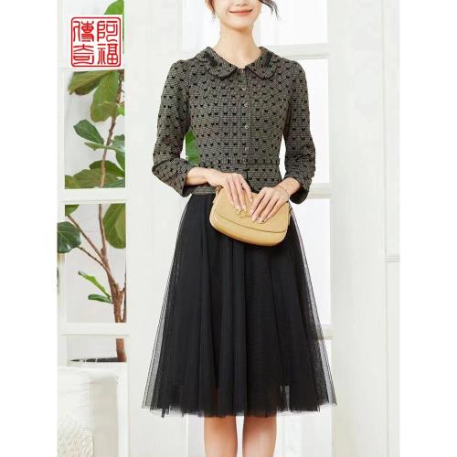 法式復古氣質輕熟風格子連衣裙秋款女假兩件網紗蝴蝶結泡泡袖長裙