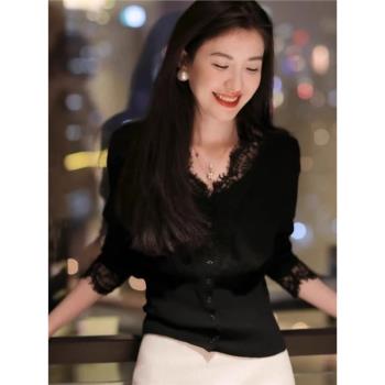 歐貨高檔2025新款設計感小眾時尚氣質V領蕾絲拼接針織衫打底上衣