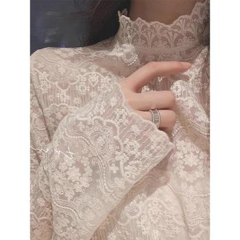 氣質女裝2025年新款秋季時尚法式高階感半高領羊絨蕾絲打底衫上衣