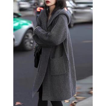 氣質女裝2025年新款秋季時尚法式高階感連帽開衫針織外套中長毛衣