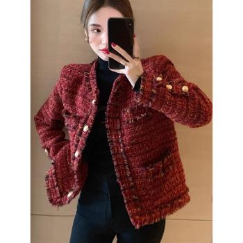 氣質女裝2025年新款秋季時尚法式高階感小香風粗花呢紅色流蘇外套
