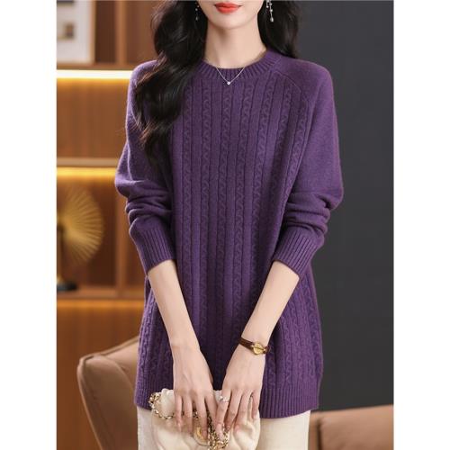 2024秋冬圓領紫色毛衣女中長款打底衫寬松大碼女裝A字裙羊毛衫
