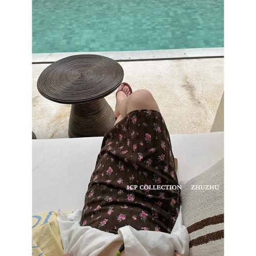 1CP 咖色直筒玫瑰花半身裙女2025夏季新款藏藍黑高腰百搭時尚中裙