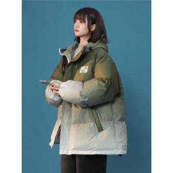 森馬旗下minette冬季棉衣女連帽漸變色條紋寬松大碼羽絨棉服外套