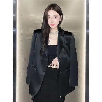 醋酸西裝外套女2025春秋新款休閑黑色寬松高階感輕奢緞面西服上衣