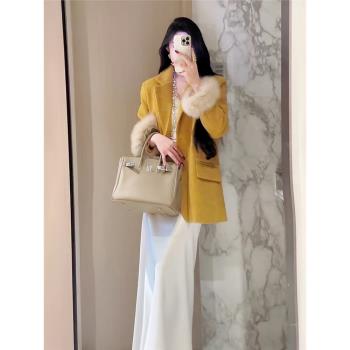 網紅爆款羽絨內膽西裝毛毛外套女2025秋冬新款黃色顯白顯瘦呢大衣