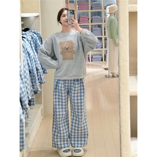 慵懶復古藍白格子褲女2025秋冬加絨高腰闊腿褲小個子直筒拖地長褲