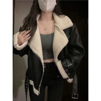 有貨】短款機車服羊羔毛絨外套女秋冬高階感加厚皮毛一體夾克棉服