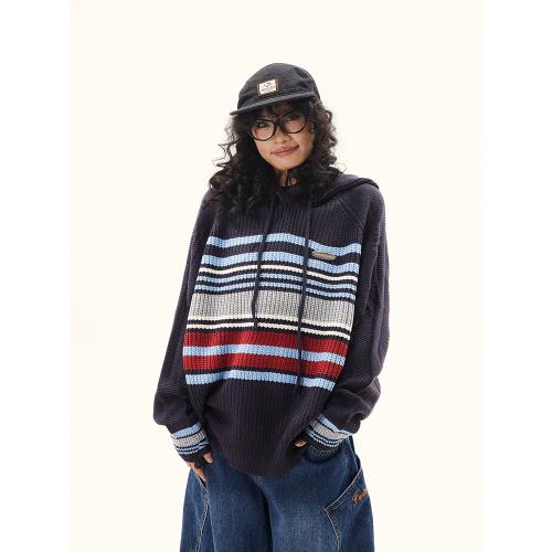 美式復古松弛感設計條紋撞色連帽針織衫秋冬男女百搭情侶慵懶毛衣