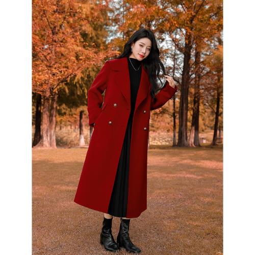 紅色雙面羊絨大衣女中長款2025冬季新款高級金屬雙排扣羊毛呢外套
