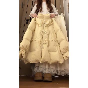 蝴蝶結珍珠羽絨棉服女冬季甜美風寬松立領外套加厚保暖棉衣麵包服