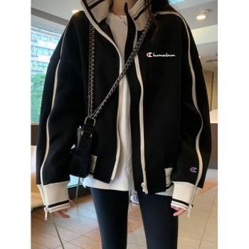 賣萌冠軍黑色拼接立領棒球服外套女秋冬款加絨加厚小香風夾克上衣