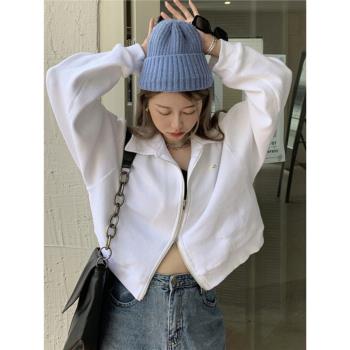 早秋美式hiphop短款衛衣女炸街薄款高街拉鏈外套華夫格上衣ins潮