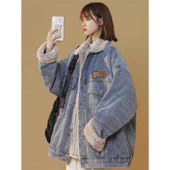 森馬旗下minette棉衣女潮牌羊羔毛加絨加厚棉服oversize牛仔外套