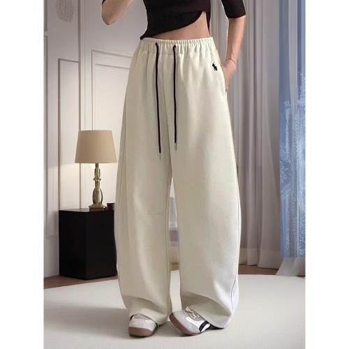 網紅款休閑褲女2024冬季新款小馬刺繡撞色抽繩寬松顯瘦加絨彎刀褲