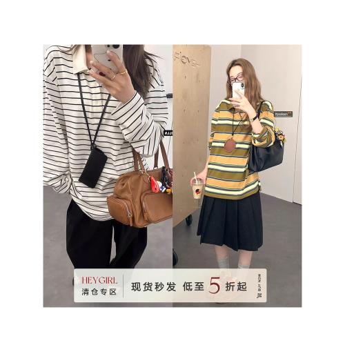 HEYGIRL黑哥 書呆子polo衫 條紋撞色Polo領t恤衫女秋百搭休閑上衣